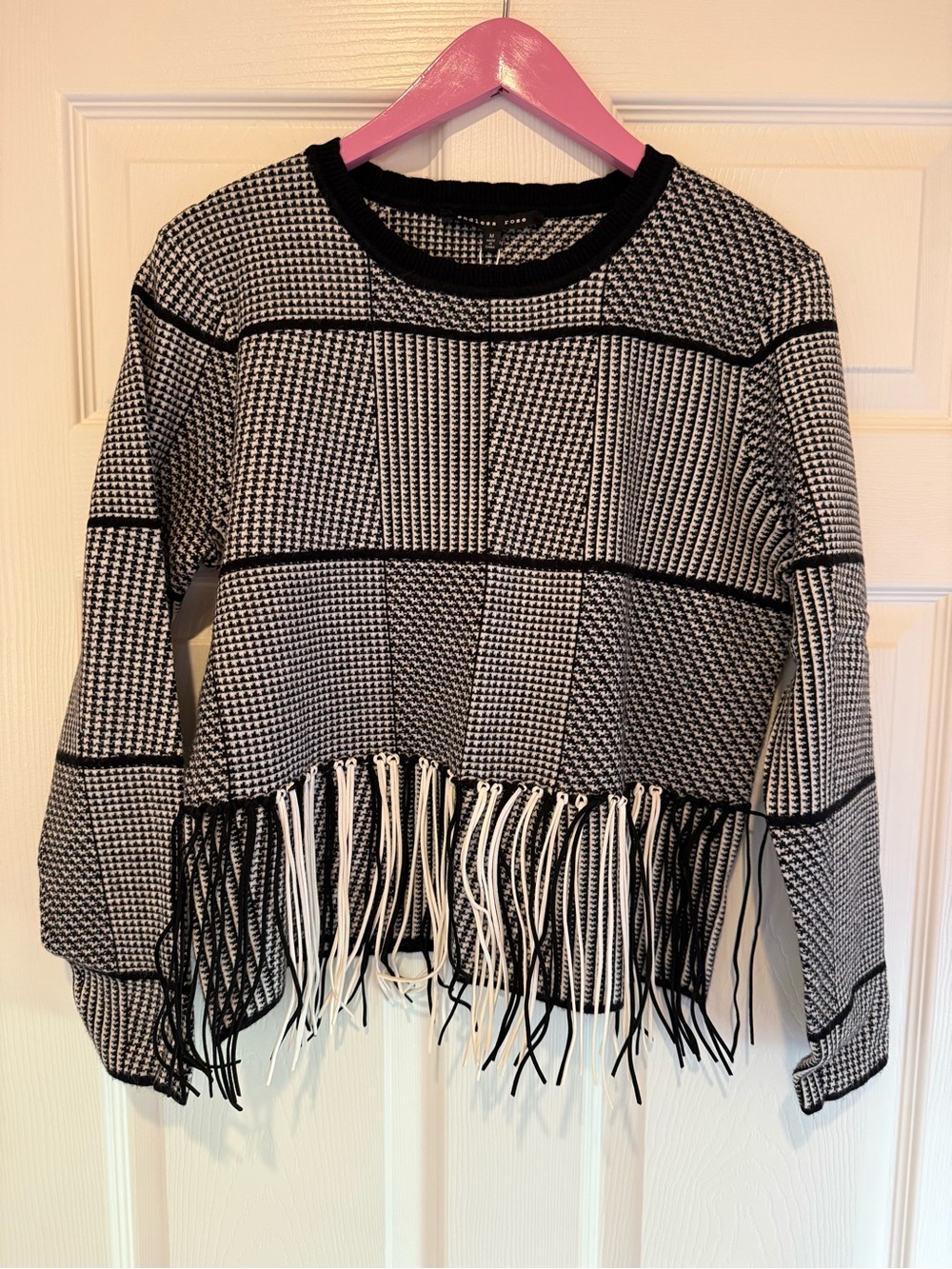 Endless Rose Black and White Fringe Patchwork Crewneck Sweater